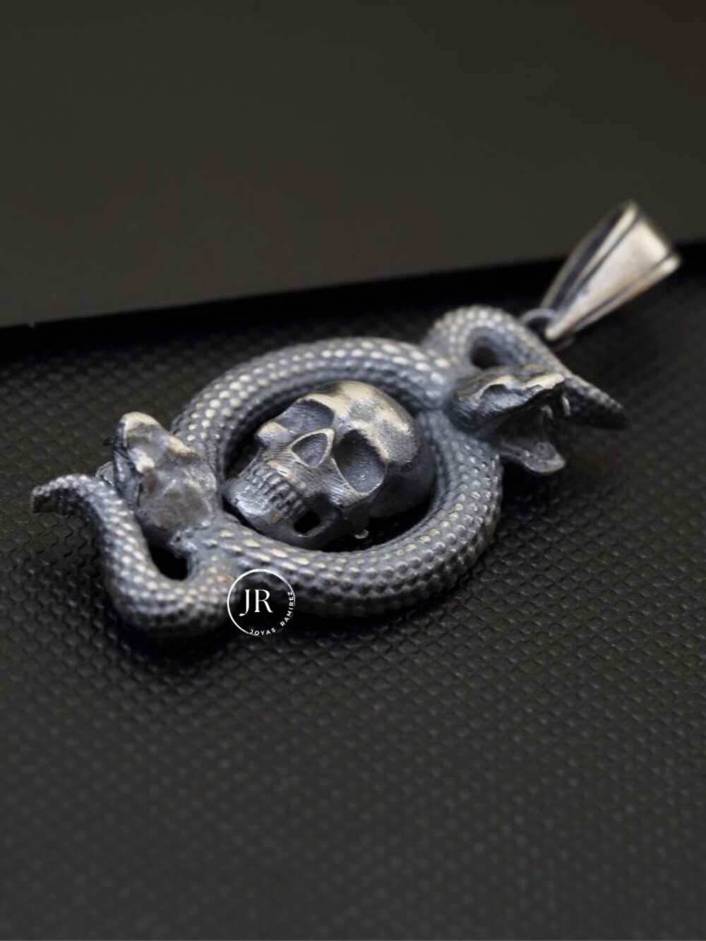 .925 Sterling Silver Skull and Snake Pendant Gothic Oxidized Fine Jewelry - Picture 2 of 9